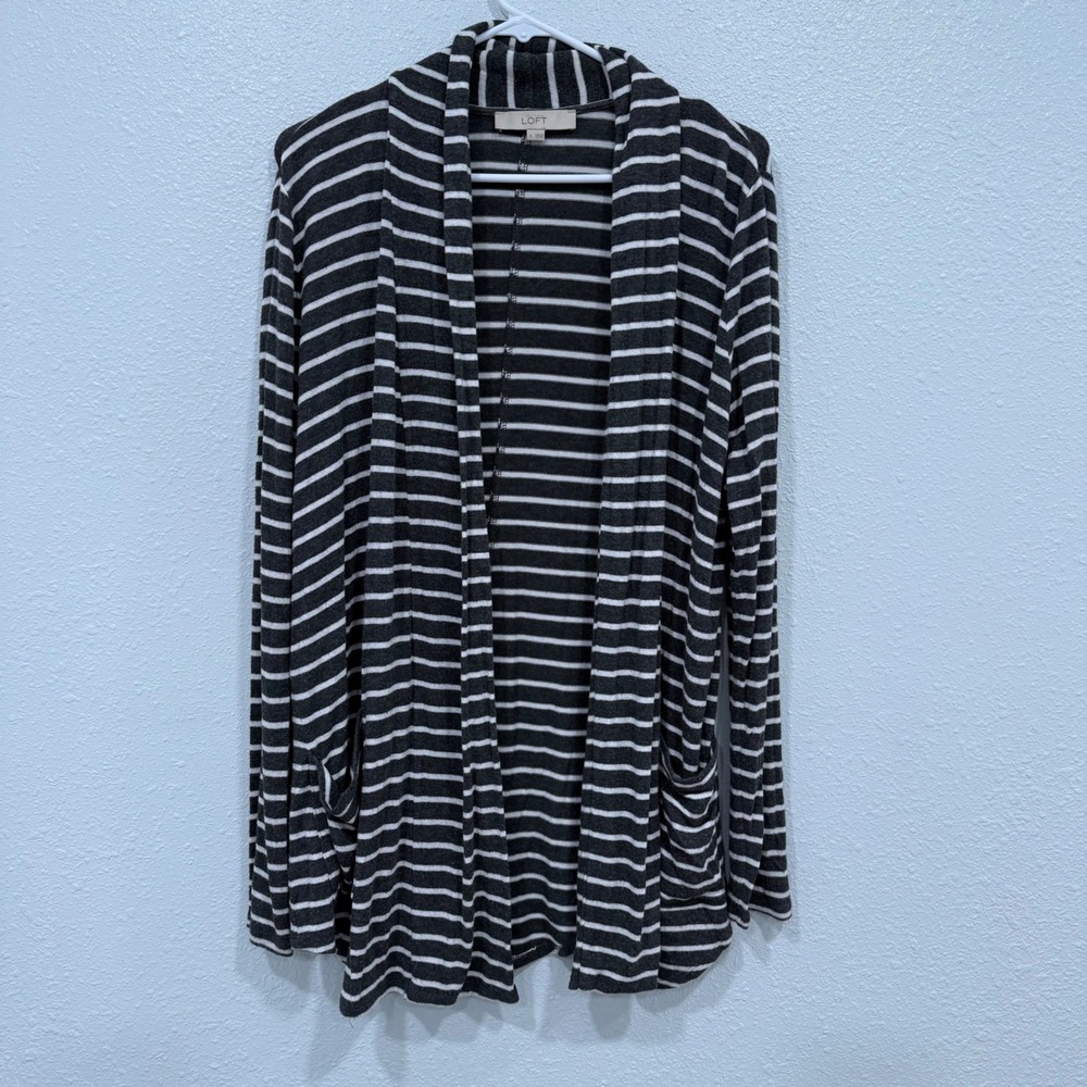 Loft Womens Small Cardigan Sweater‎ Gray White Striped Open Front Pockets AJ15